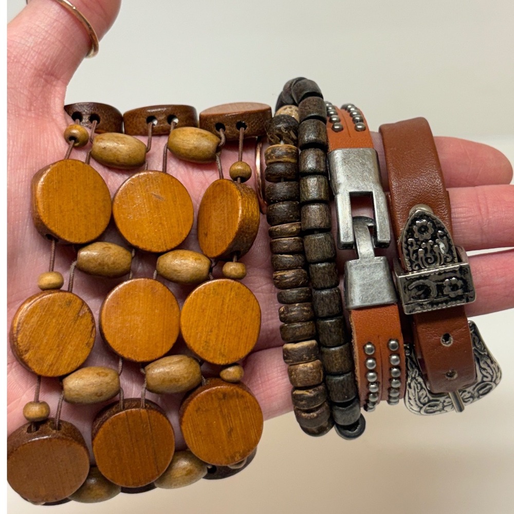 Bracelet Lot 5 pc Wood Bead Leather Studded Western Buckle Brown Tan